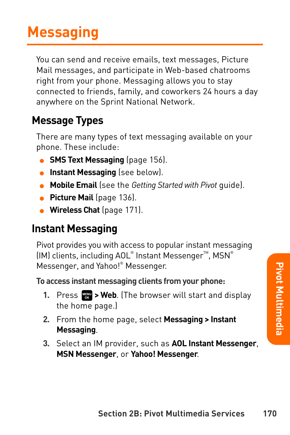 Messaging, Message types, Instant messaging | Sanyo Katana User Manual | Page 183 / 216