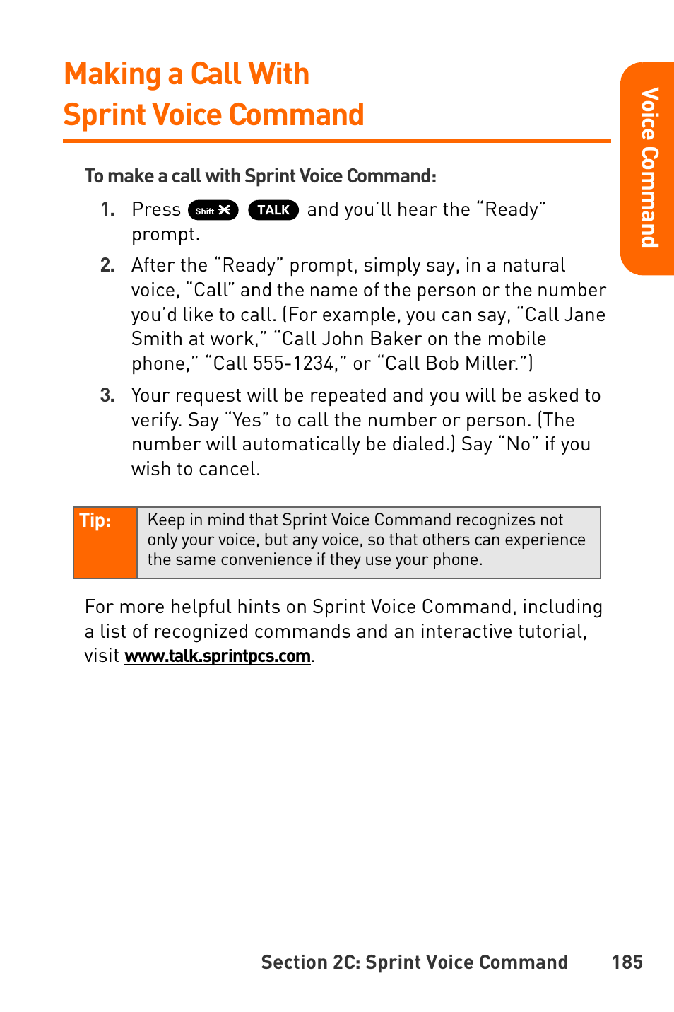 Making a call with sprint voice command | Sanyo Katana User Manual | Page 198 / 216