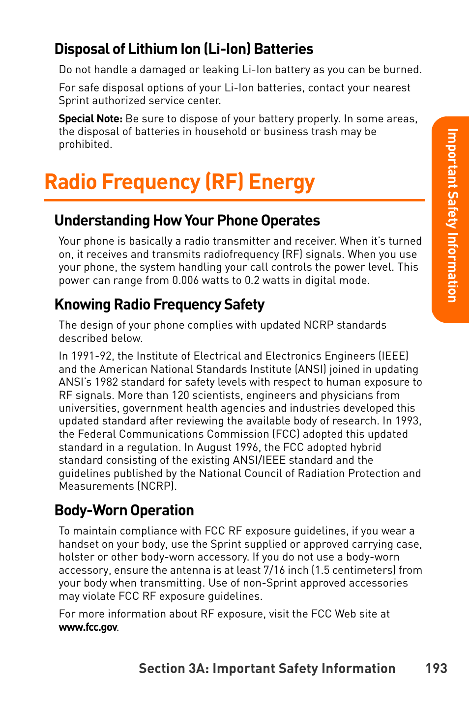 Radio frequency (rf) energy, Disposal of lithium ion (li-ion) batteries, Understanding how your phone operates | Knowing radio frequency safety, Body-worn operation | Sanyo Katana User Manual | Page 206 / 216
