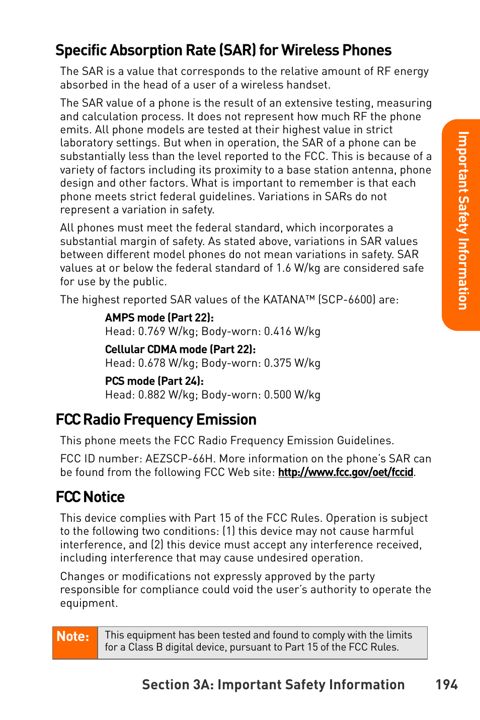 Specific absorption rate (sar) for wireless phones, Fcc radio frequency emission, Fcc notice | Sanyo Katana User Manual | Page 207 / 216