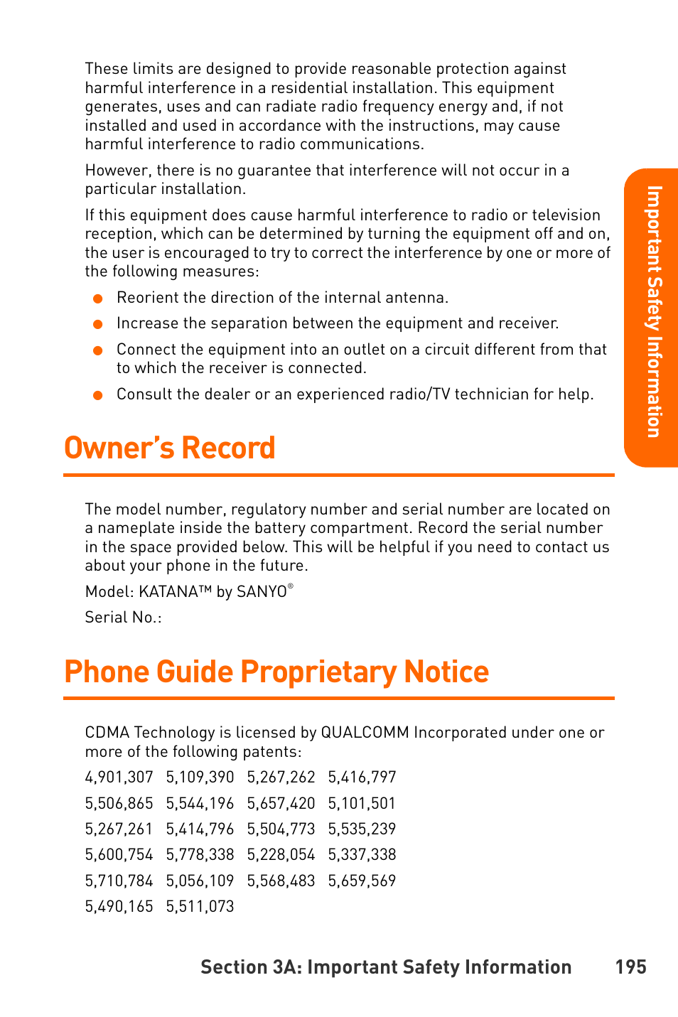 Owner’s record, Phone guide proprietary notice | Sanyo Katana User Manual | Page 208 / 216