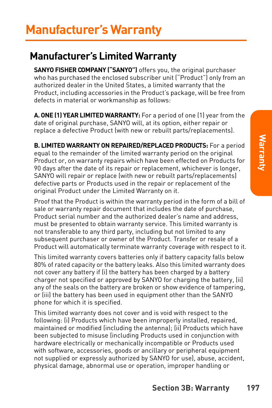 Manufacturer’s warranty, Manufacturer’s limited warranty | Sanyo Katana User Manual | Page 210 / 216