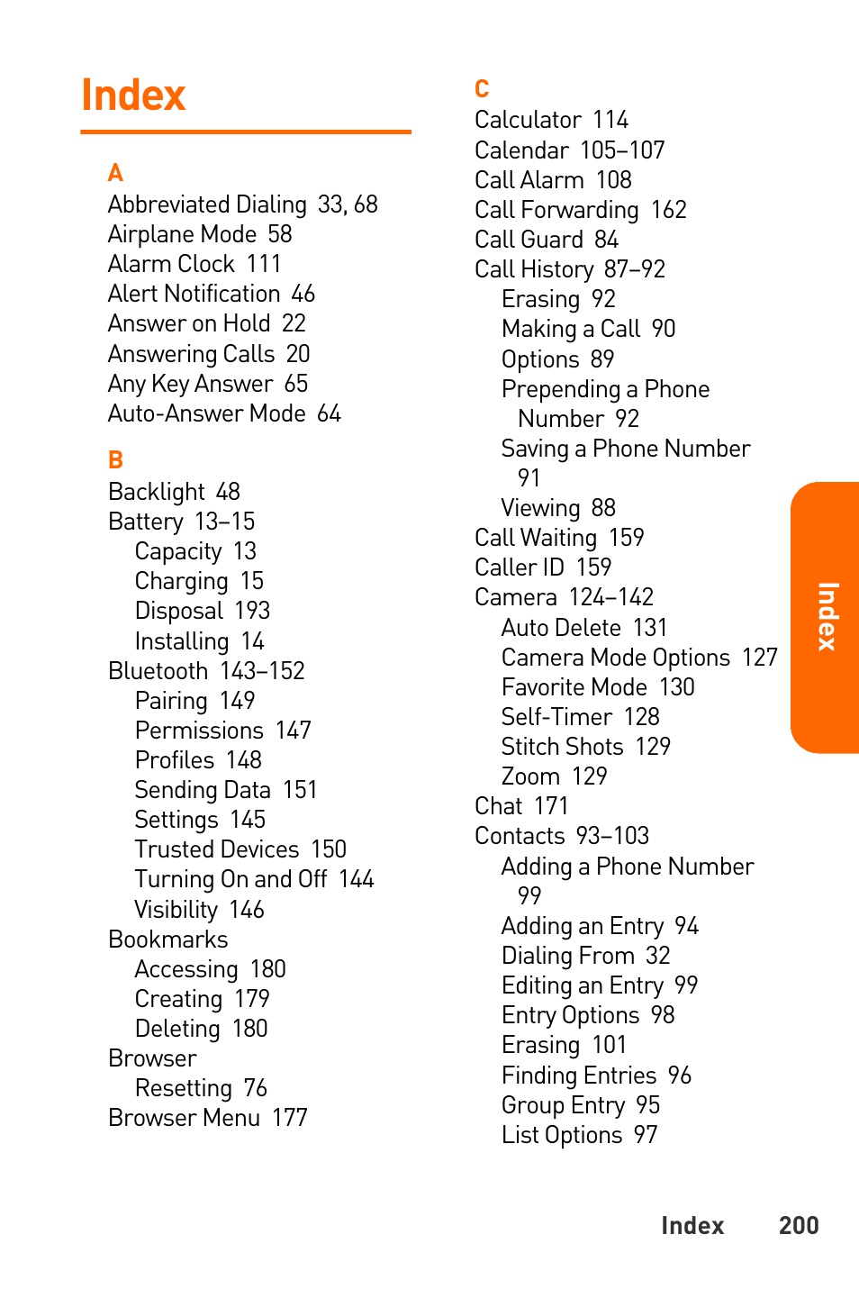 Index | Sanyo Katana User Manual | Page 213 / 216
