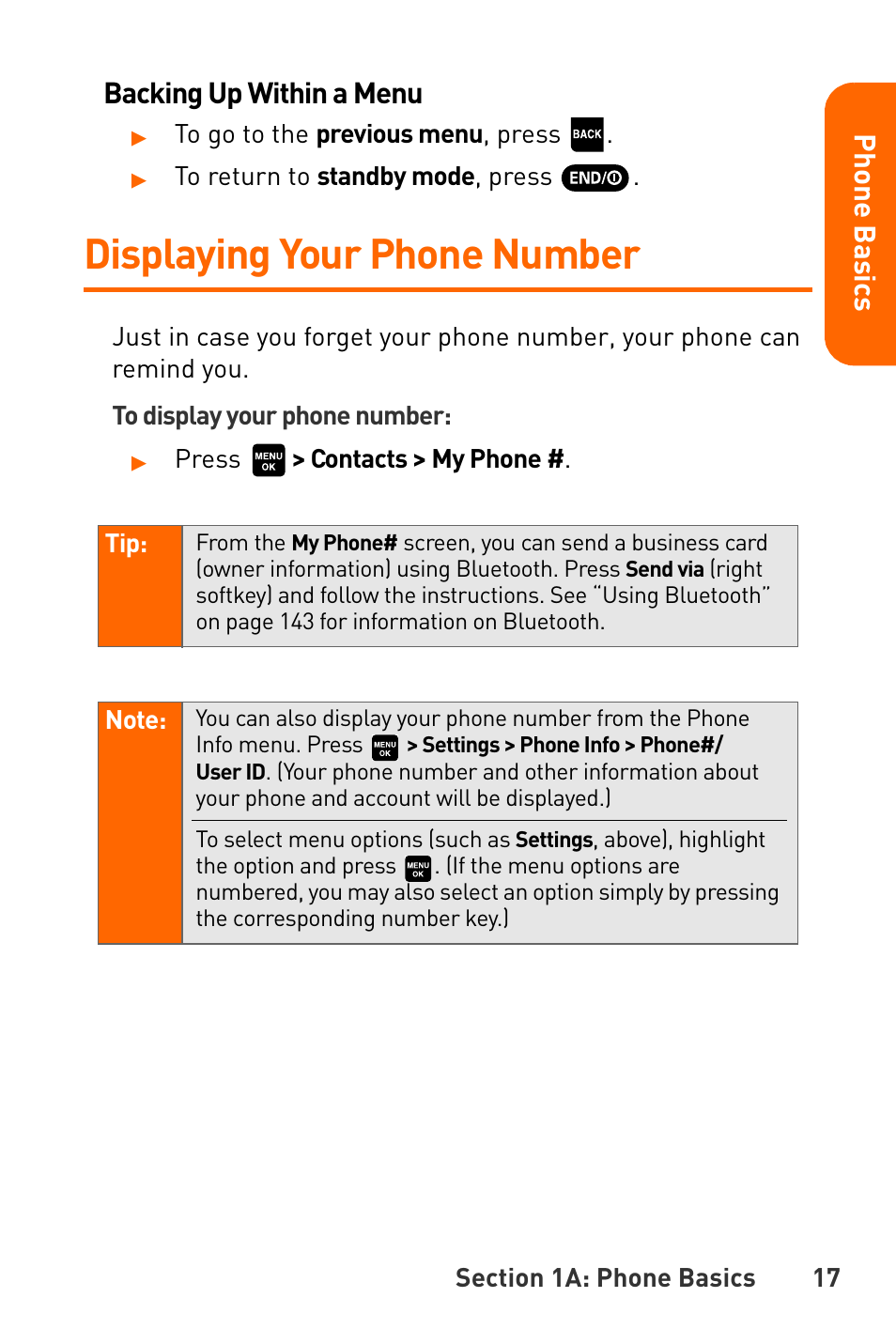 Displaying your phone number, Pho n e ba s ics backing up within a menu | Sanyo Katana User Manual | Page 30 / 216