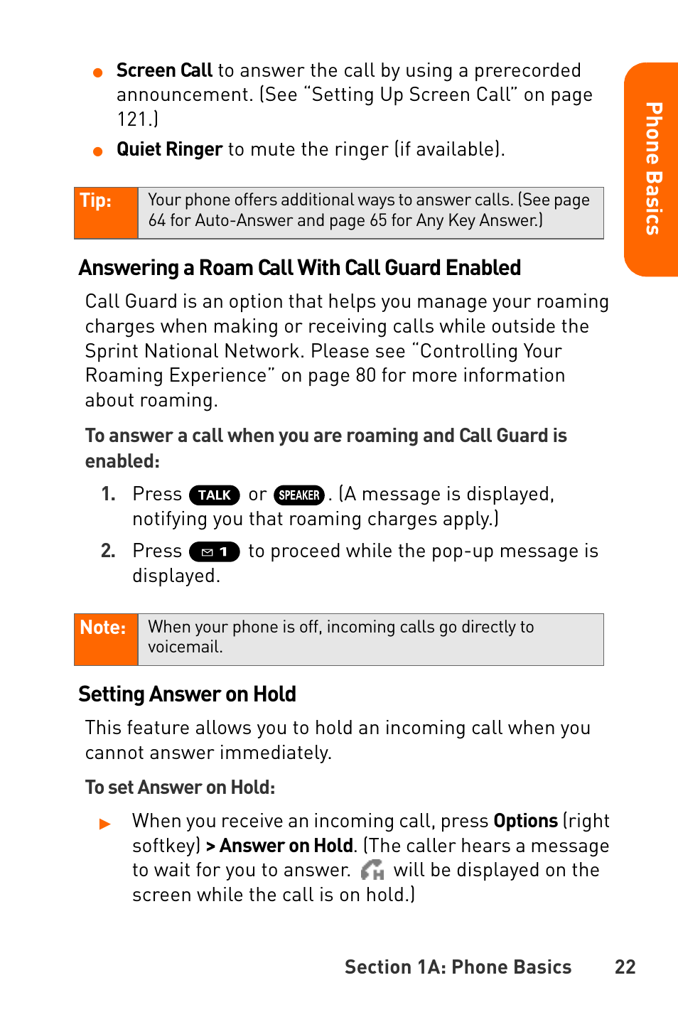 Pho n e ba s ics, Answering a roam call with call guard enabled, Setting answer on hold | Sanyo Katana User Manual | Page 35 / 216