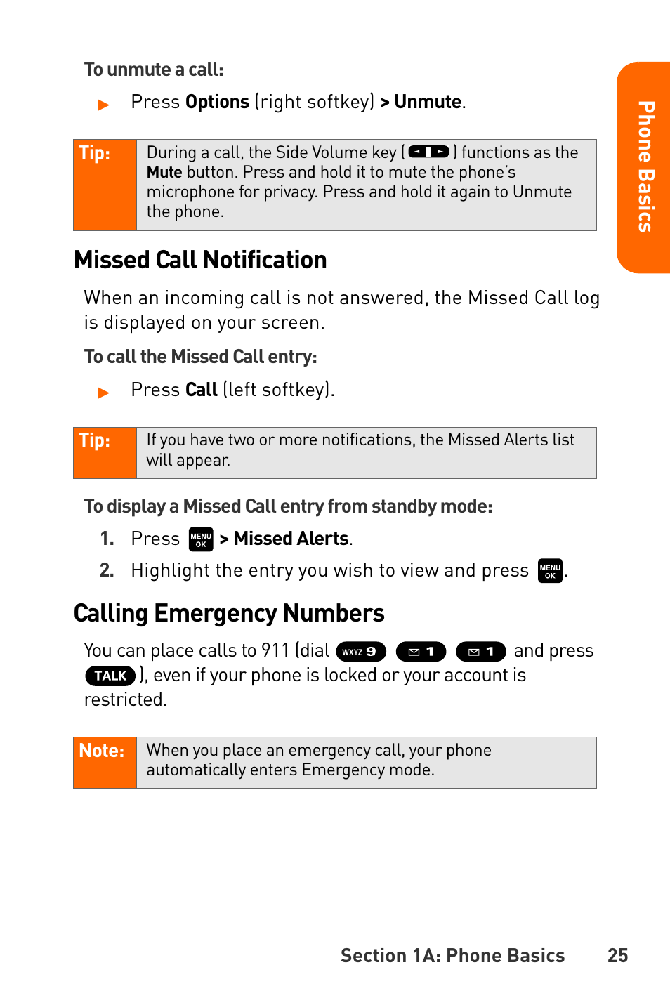 Missed call notification, Calling emergency numbers, Pho n e ba s ics | Sanyo Katana User Manual | Page 38 / 216