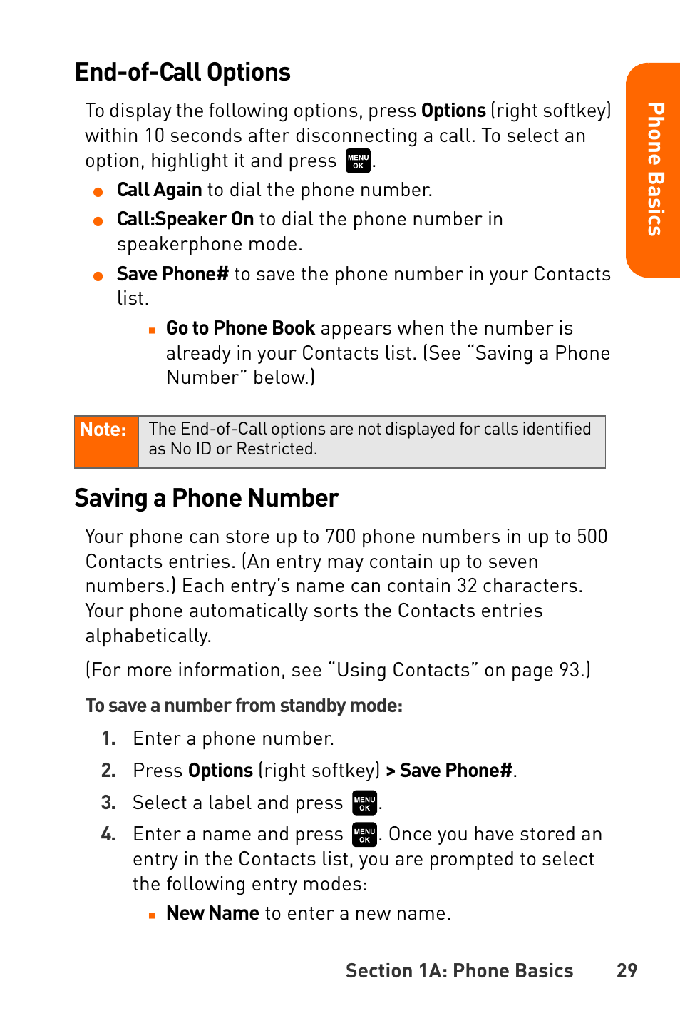 End-of-call options, Saving a phone number, Pho n e ba s ics | Sanyo Katana User Manual | Page 42 / 216
