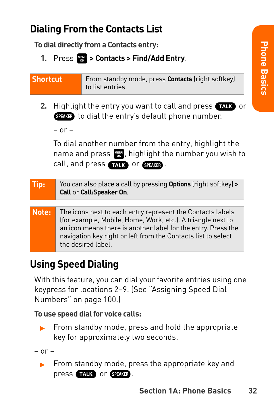 Dialing from the contacts list, Using speed dialing, Pho n e ba s ics | Sanyo Katana User Manual | Page 45 / 216