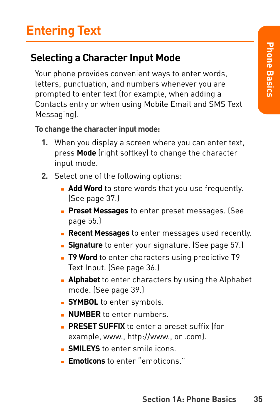 Entering text, Selecting a character input mode, Pho n e ba s ics | Sanyo Katana User Manual | Page 48 / 216