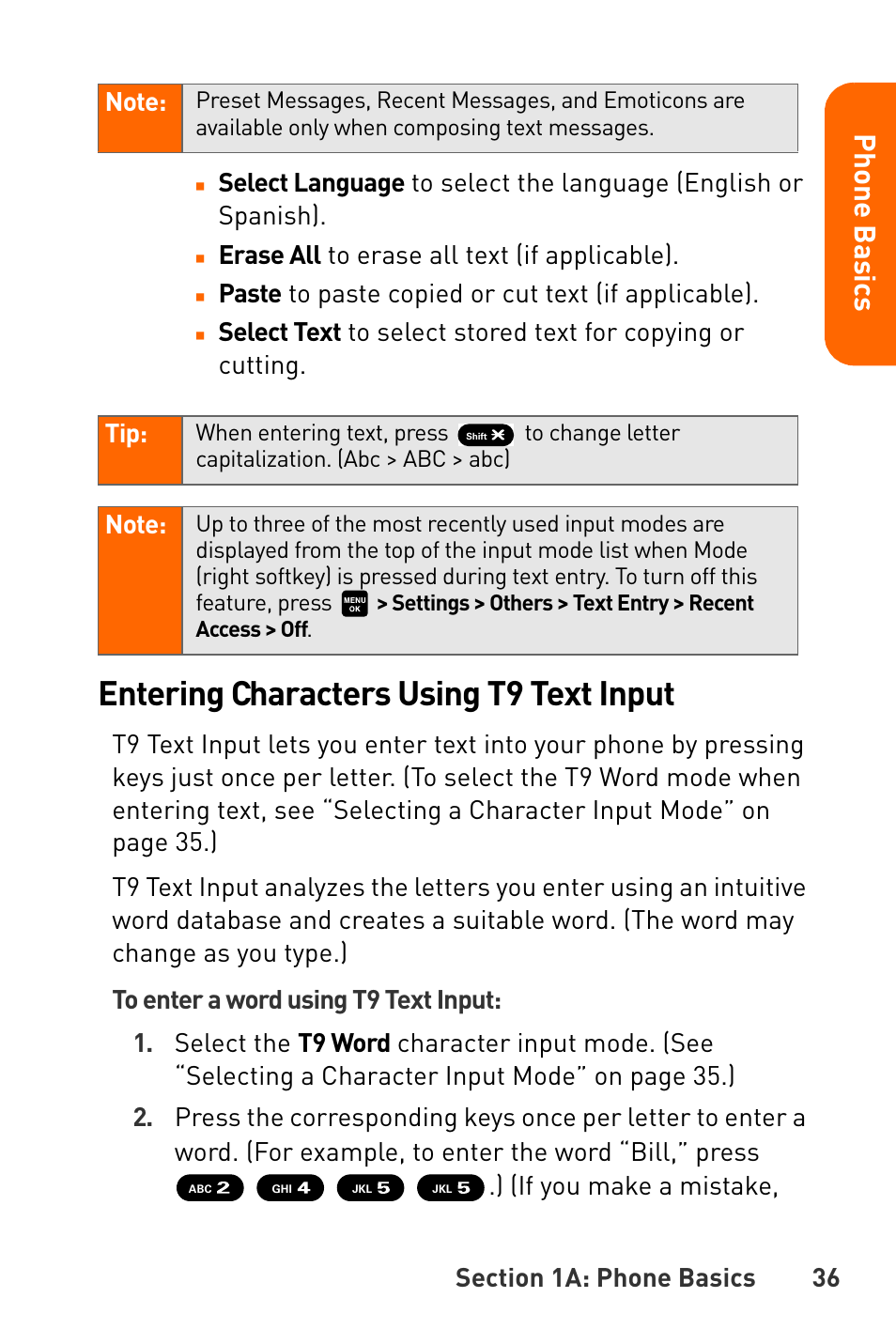 Entering characters using t9 text input, Pho n e ba s ics | Sanyo Katana User Manual | Page 49 / 216