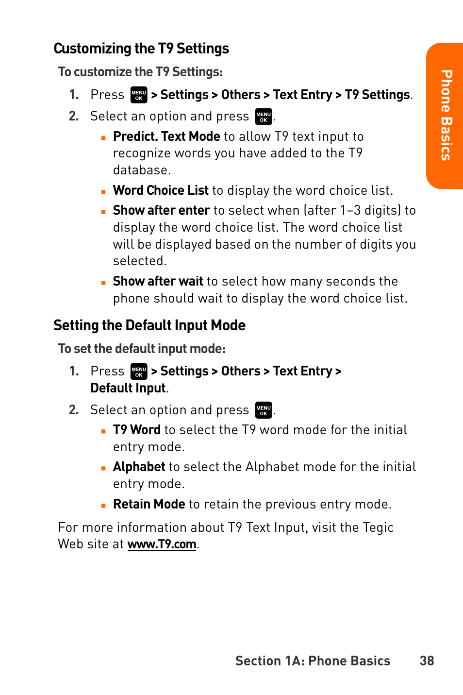 Pho n e ba s ics customizing the t9 settings, Setting the default input mode | Sanyo Katana User Manual | Page 51 / 216