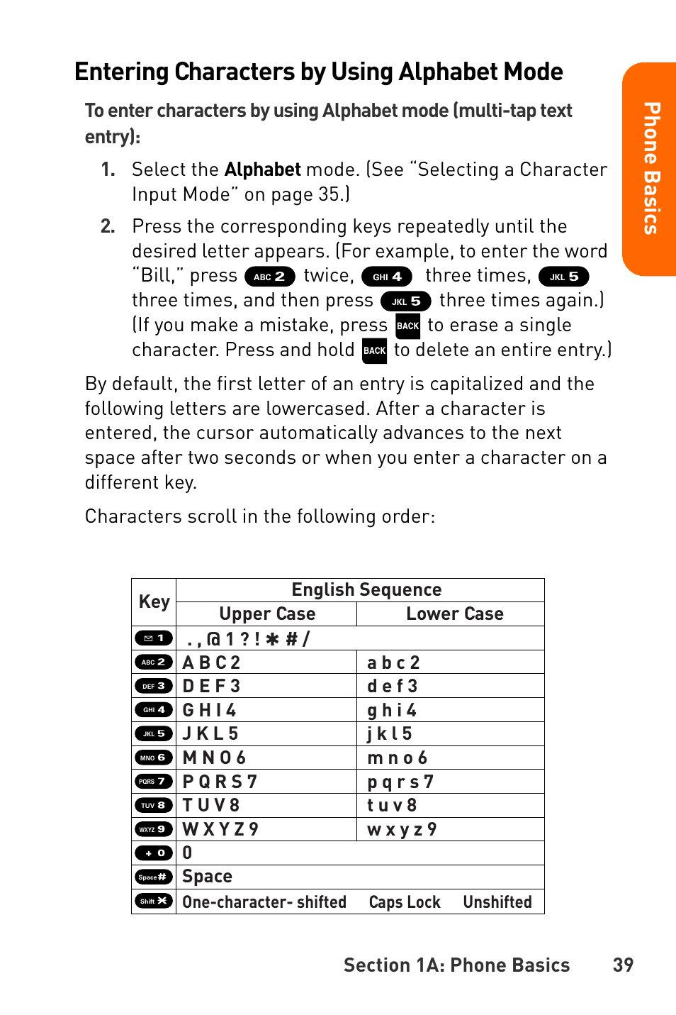 Entering characters by using alphabet mode, Pho n e ba s ics | Sanyo Katana User Manual | Page 52 / 216
