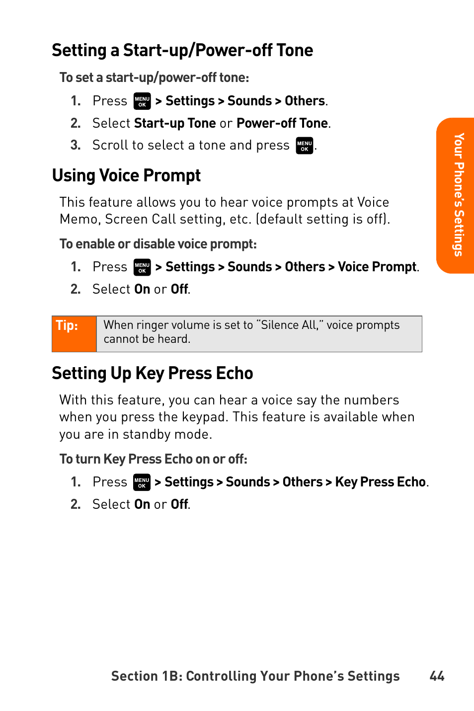 Setting a start-up/power-off tone, Using voice prompt, Setting up key press echo | Sanyo Katana User Manual | Page 57 / 216