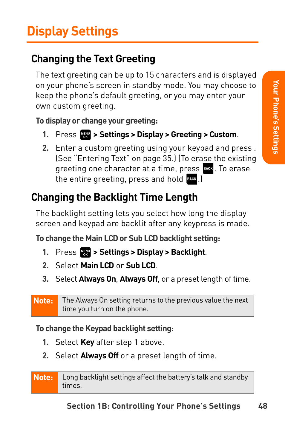 Display settings, Changing the text greeting, Changing the backlight time length | Sanyo Katana User Manual | Page 61 / 216