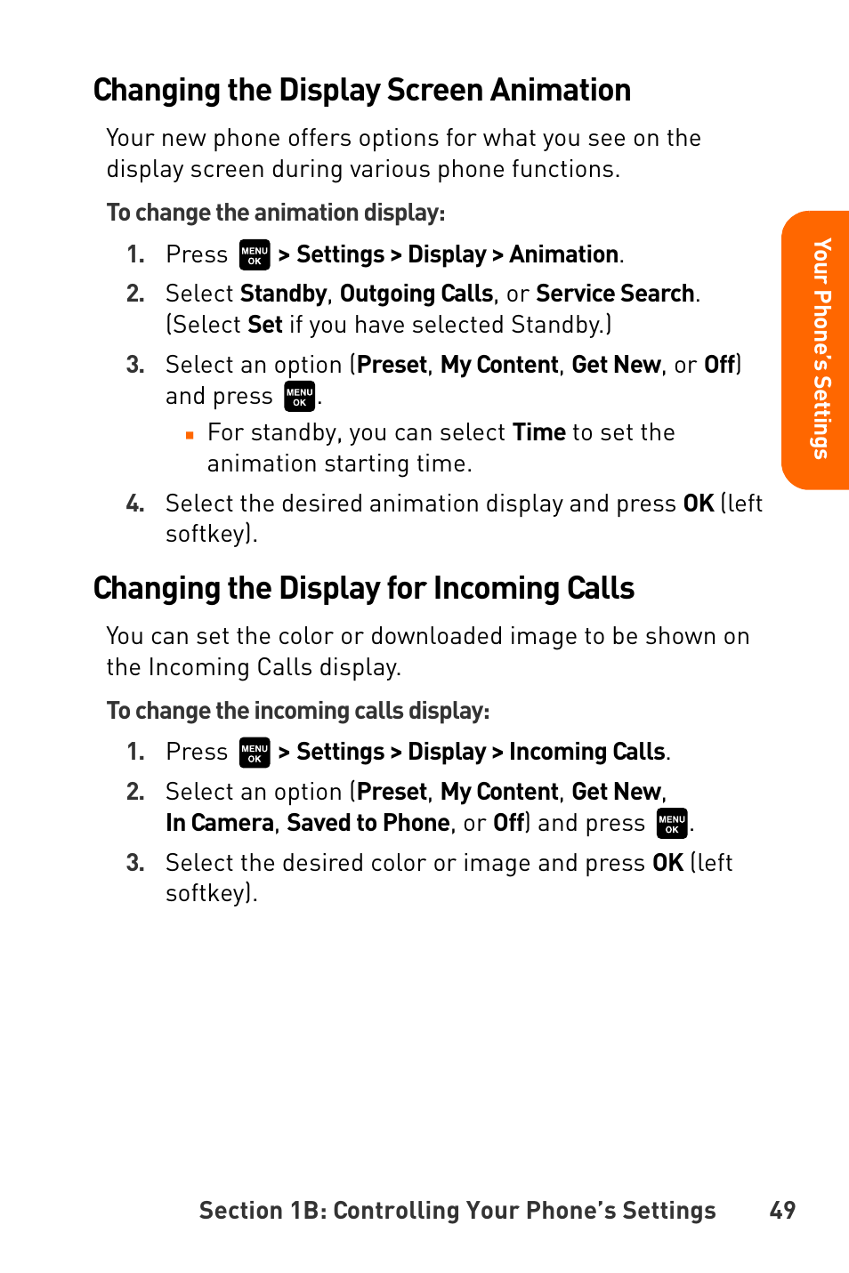 Changing the display screen animation, Changing the display for incoming calls | Sanyo Katana User Manual | Page 62 / 216