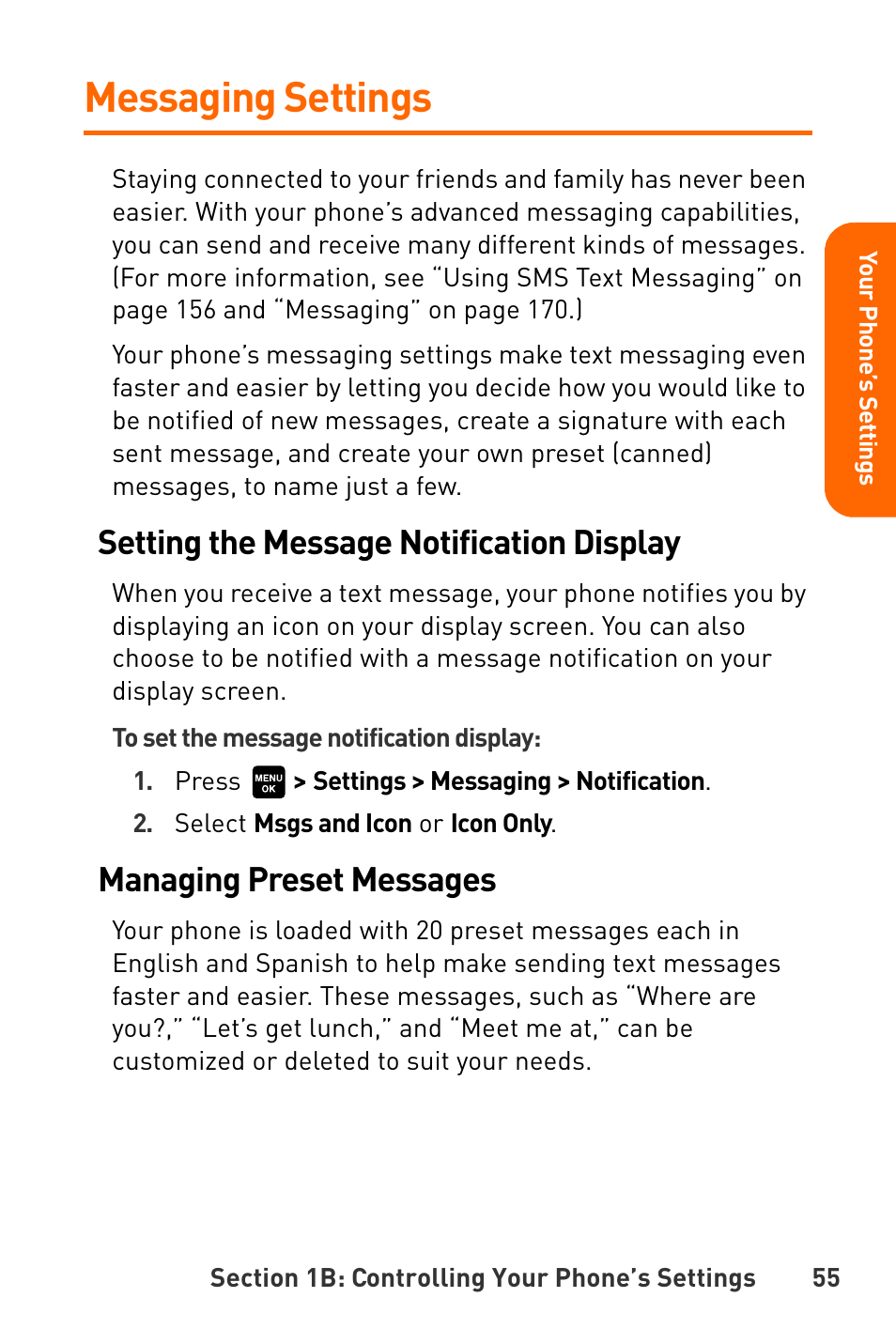 Messaging settings, Setting the message notification display, Managing preset messages | Sanyo Katana User Manual | Page 68 / 216