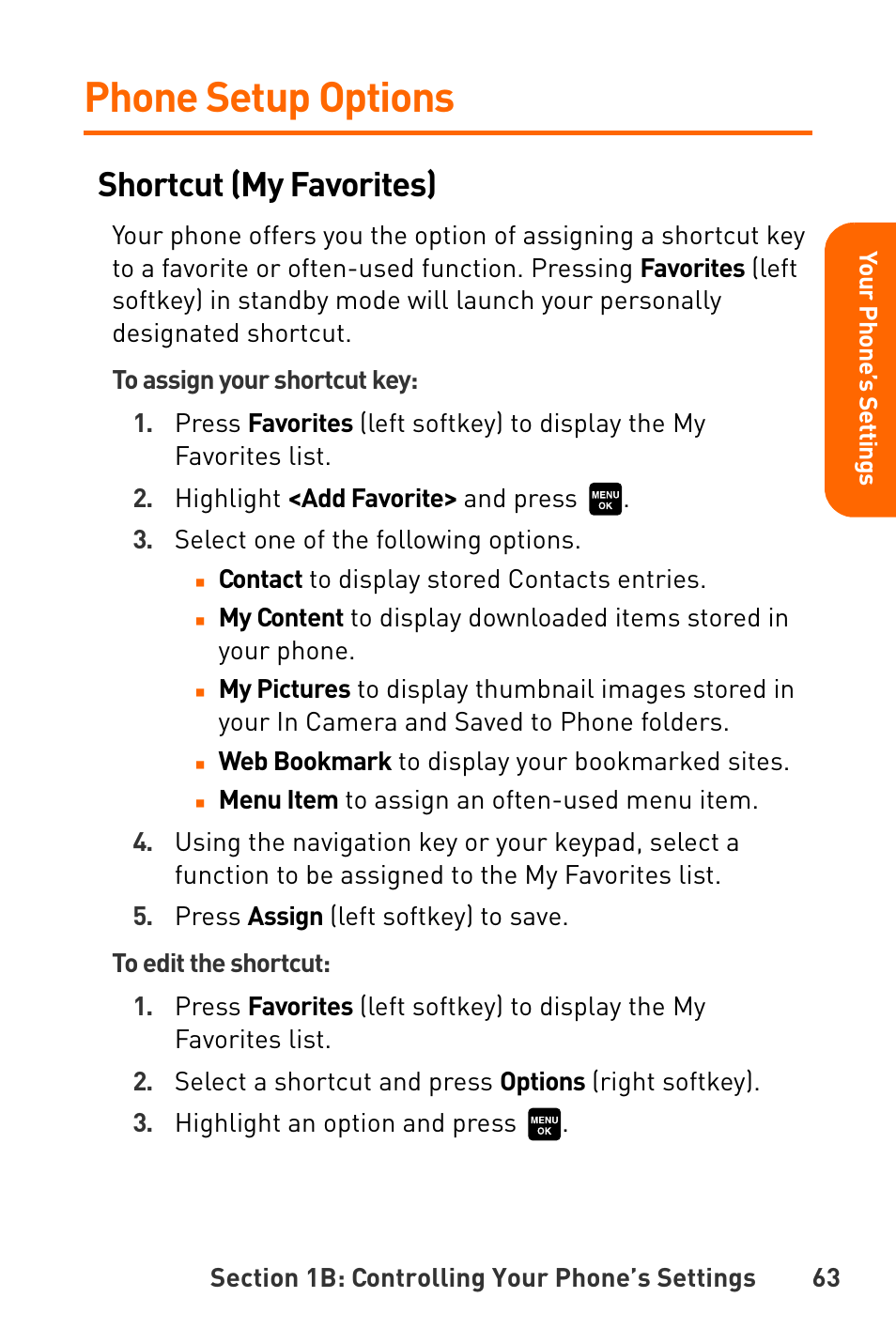 Phone setup options, Shortcut (my favorites) | Sanyo Katana User Manual | Page 76 / 216