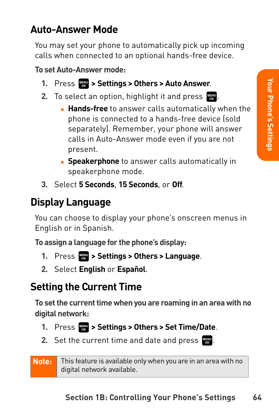 Auto-answer mode, Display language, Setting the current time | Sanyo Katana User Manual | Page 77 / 216