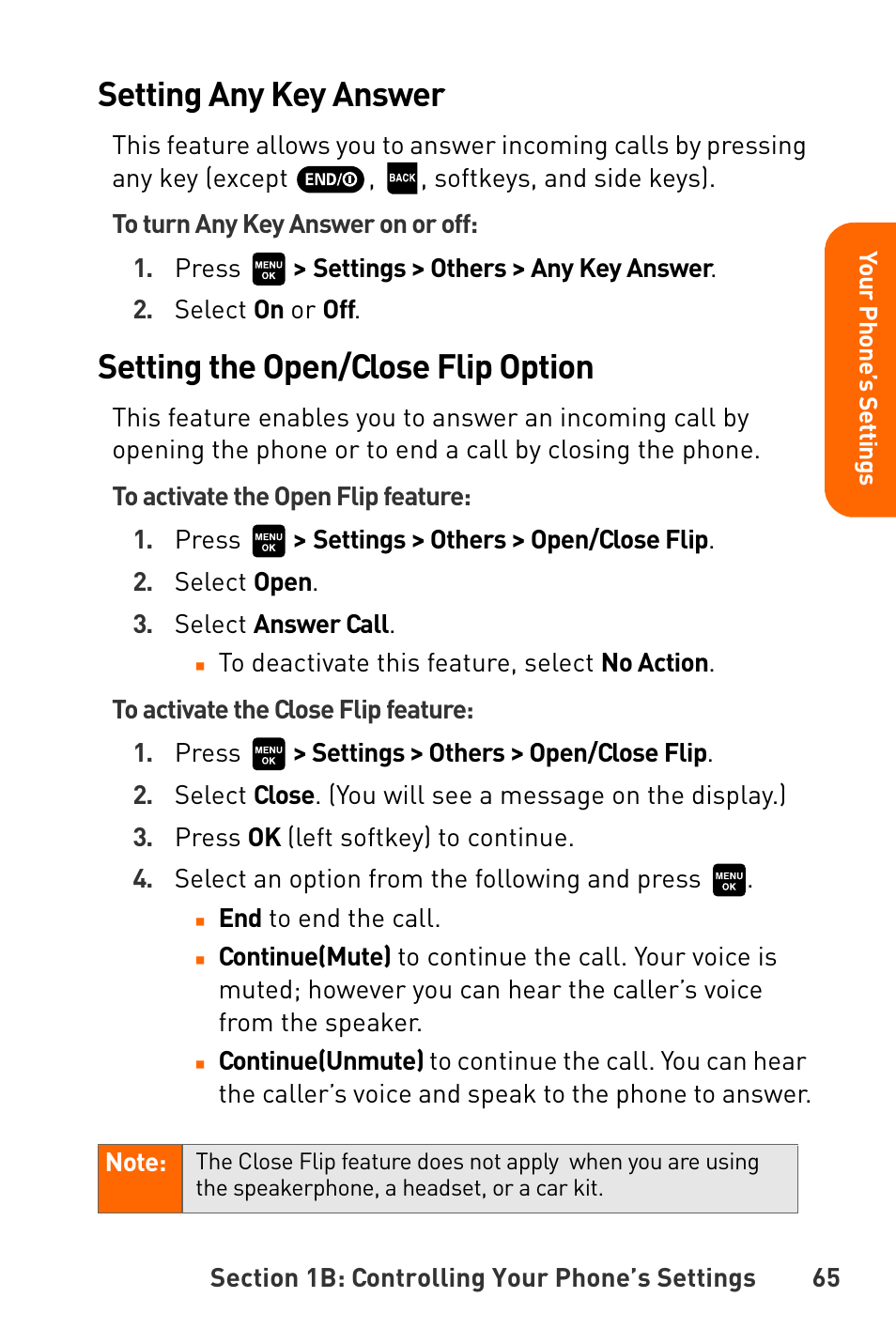 Setting the open, Setting any key answer, Setting the open/close flip option | Sanyo Katana User Manual | Page 78 / 216