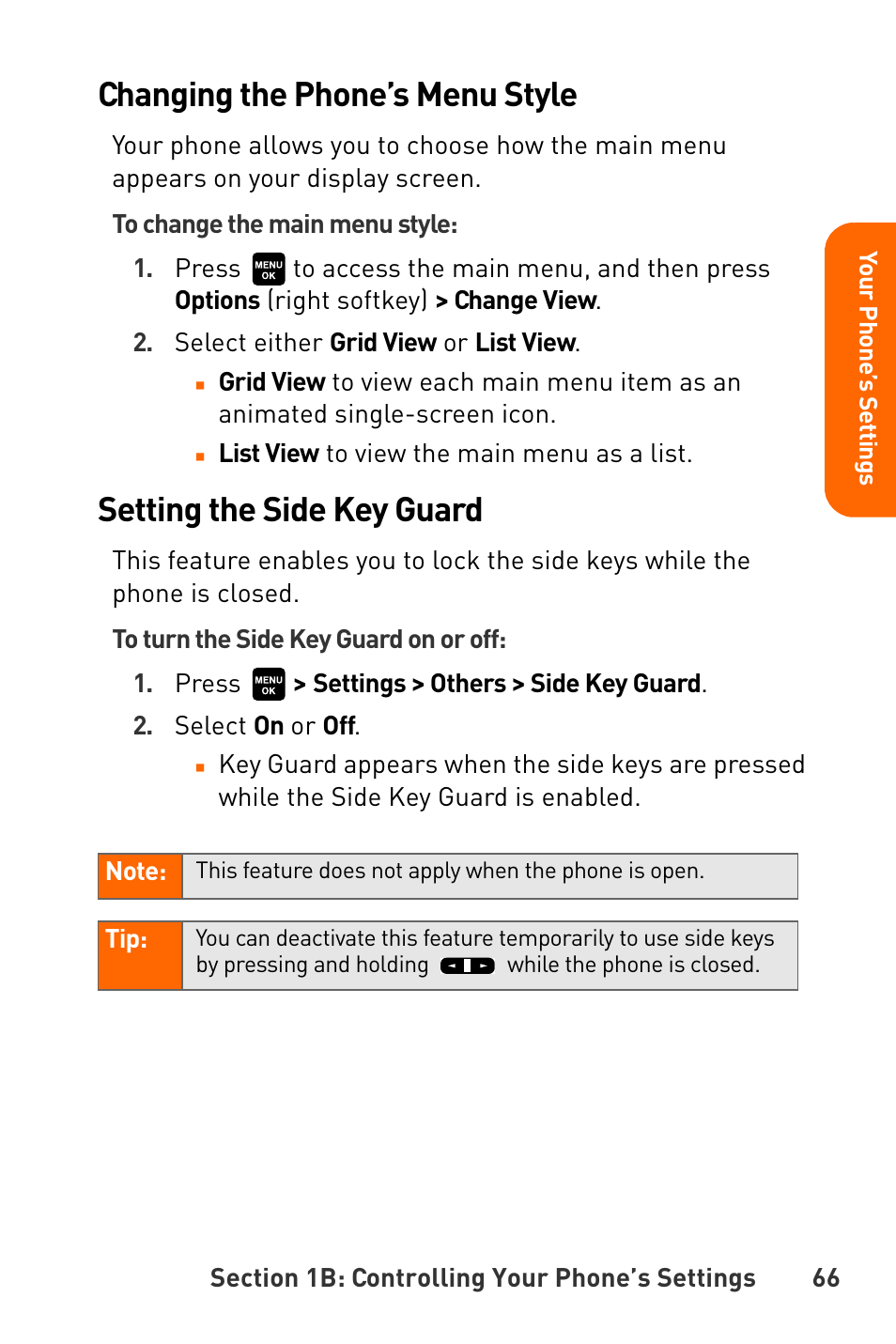 Changing the phone’s menu style, Setting the side key guard | Sanyo Katana User Manual | Page 79 / 216