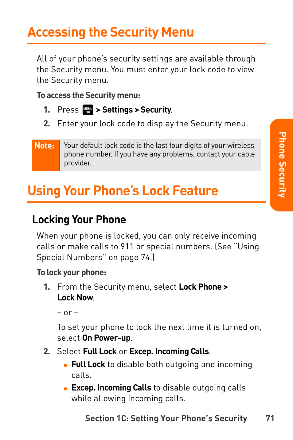 Accessing the security menu, Using your phone’s lock feature, Locking your phone | Sanyo Katana User Manual | Page 84 / 216
