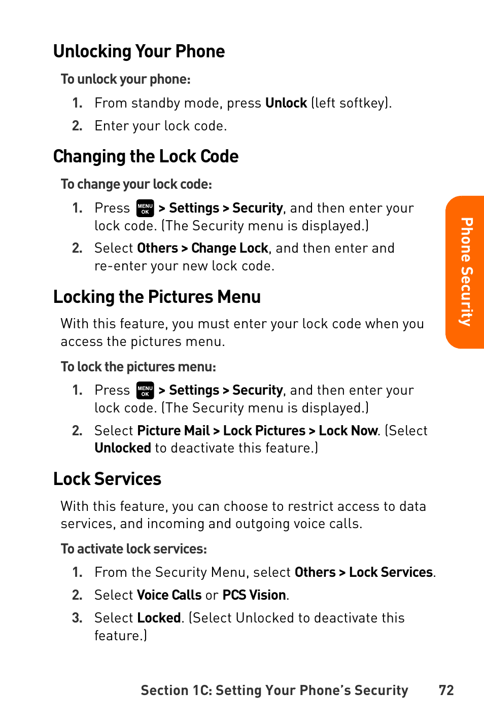 Unlocking your phone, Changing the lock code, Locking the pictures menu | Lock services | Sanyo Katana User Manual | Page 85 / 216