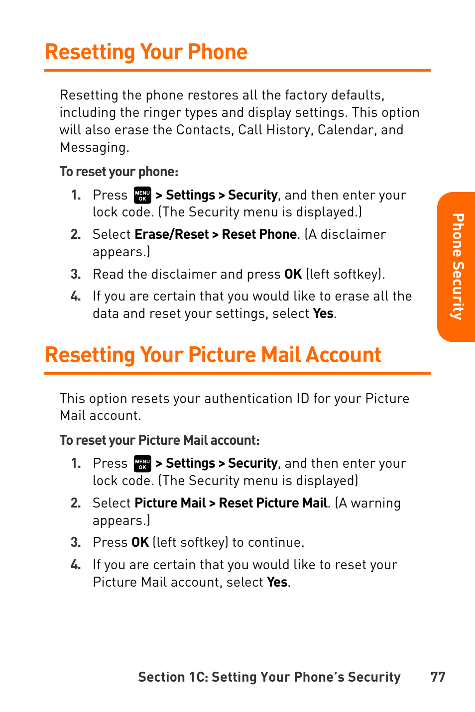 Resetting your phone, Resetting your picture mail account | Sanyo Katana User Manual | Page 90 / 216