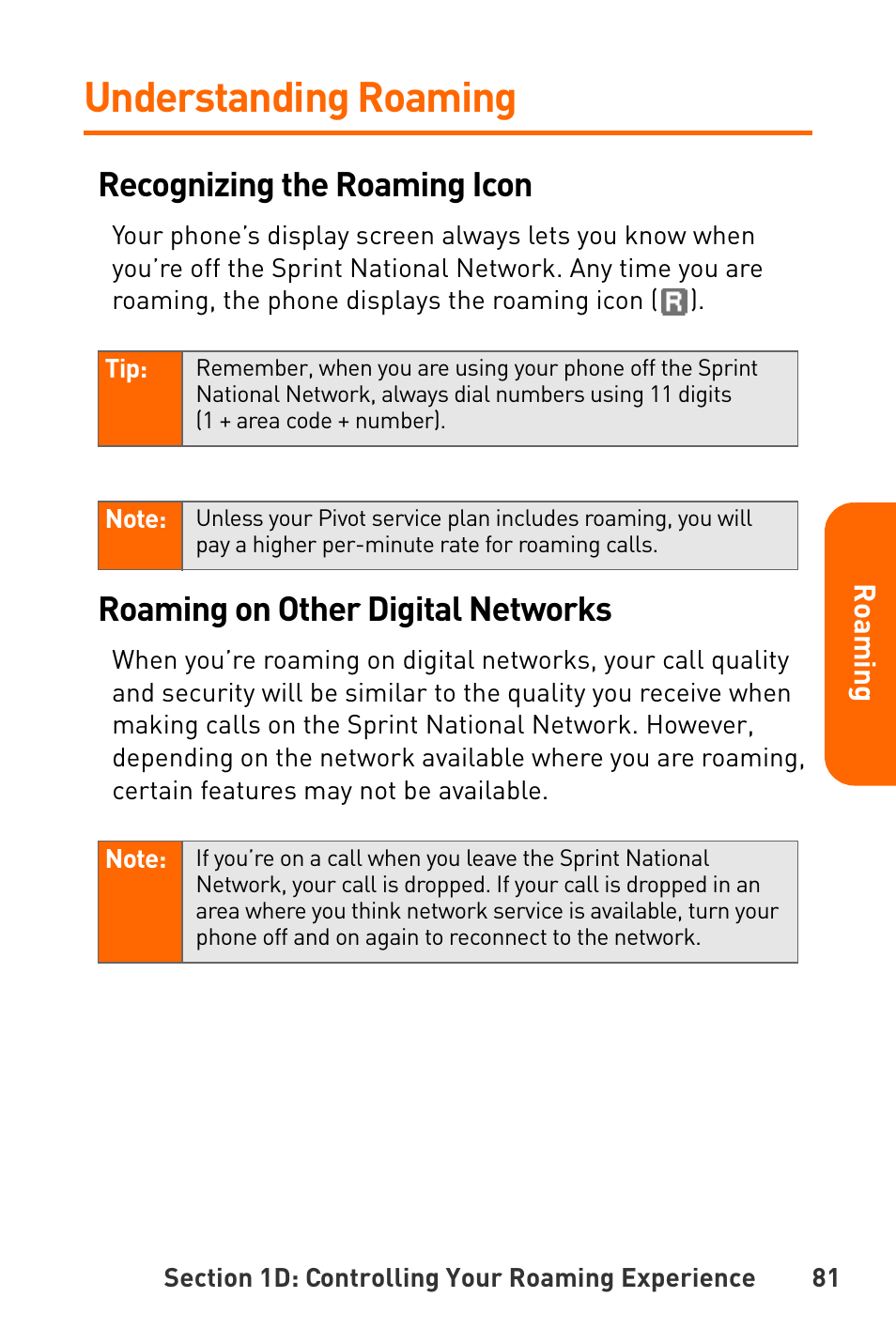 Understanding roaming, Recognizing the roaming icon, Roaming on other digital networks | Sanyo Katana User Manual | Page 94 / 216
