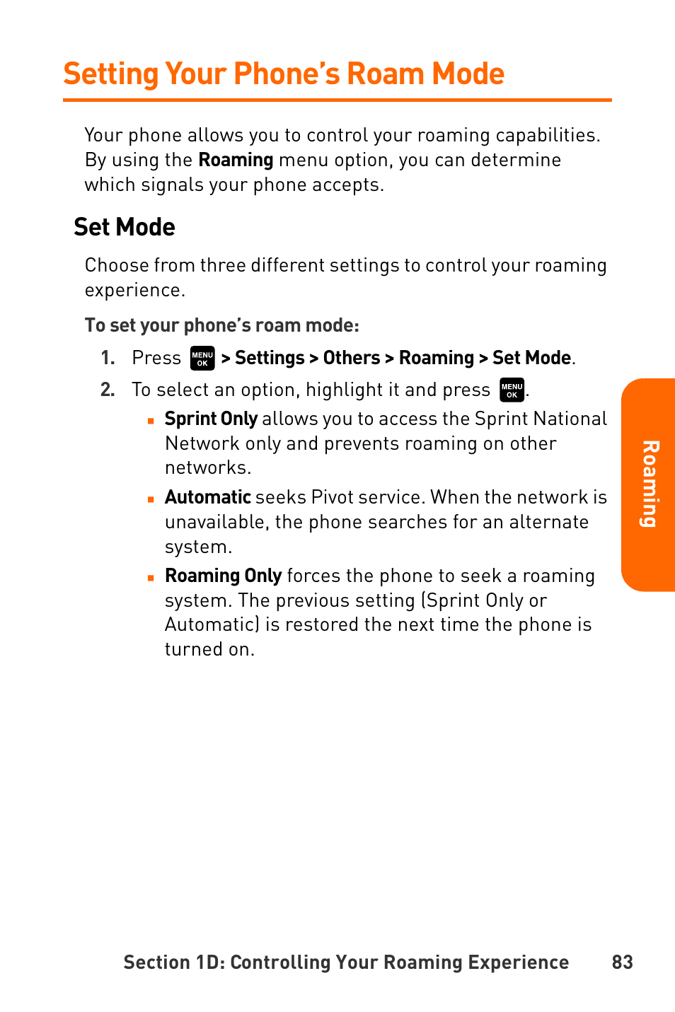 Setting your phone’s roam mode, Setting your phone’s roam mod, Set mode | Sanyo Katana User Manual | Page 96 / 216