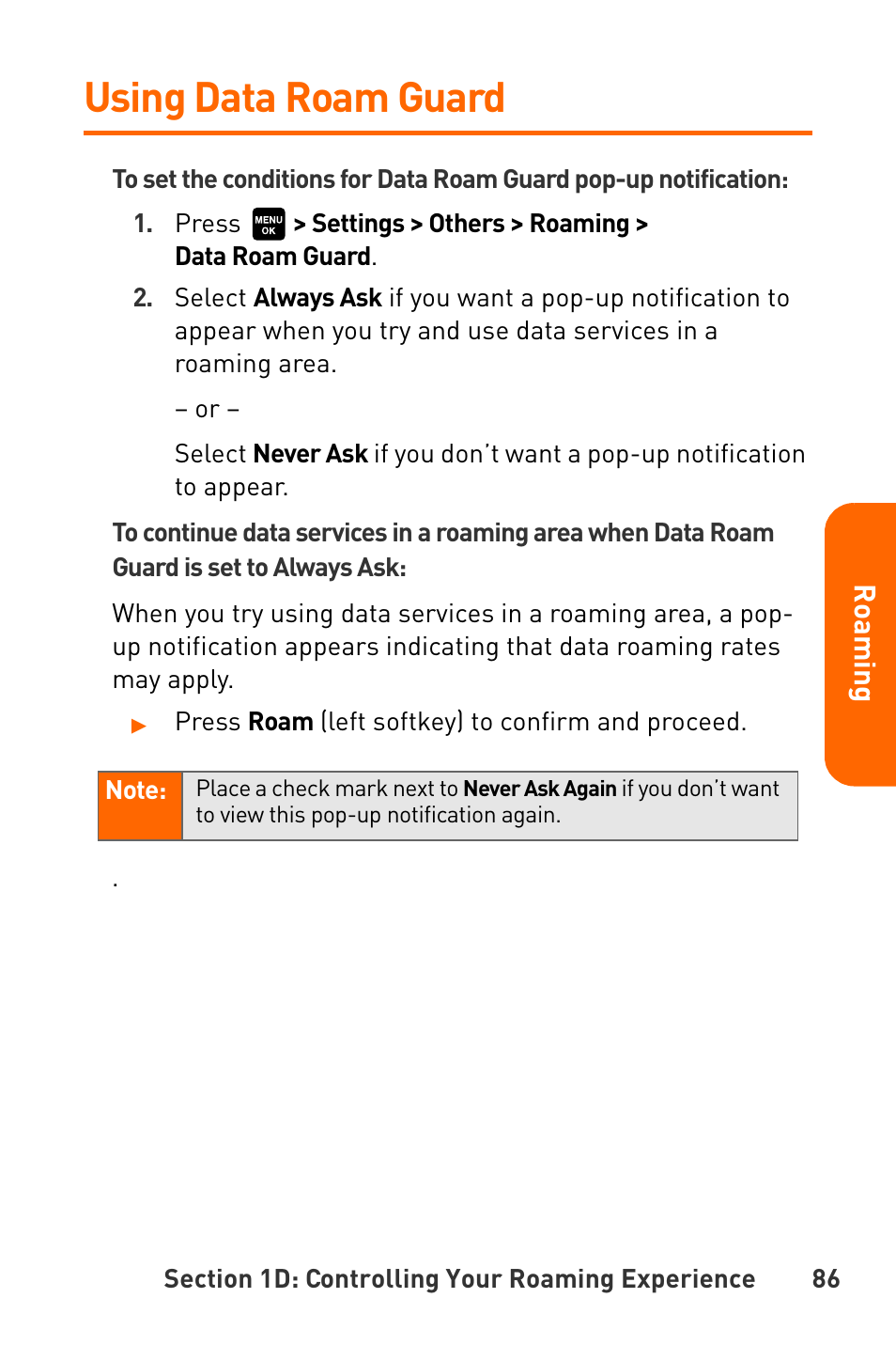 Using data roam guard | Sanyo Katana User Manual | Page 99 / 216