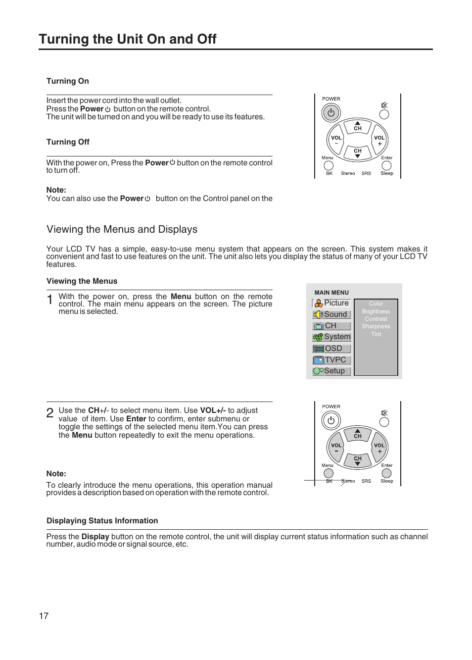 Turning the unit on and off, Viewing the menus and displays | Sanyo AVL-408 User Manual | Page 20 / 44