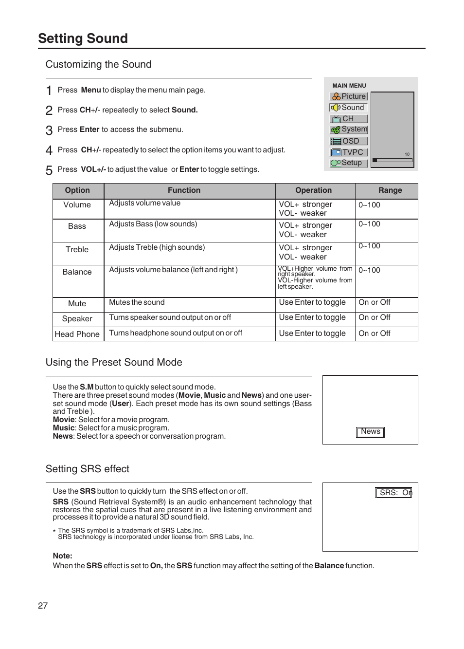 Setting sound, Customizing the sound using the preset sound mode, Setting srs effect | Sanyo AVL-408 User Manual | Page 30 / 44