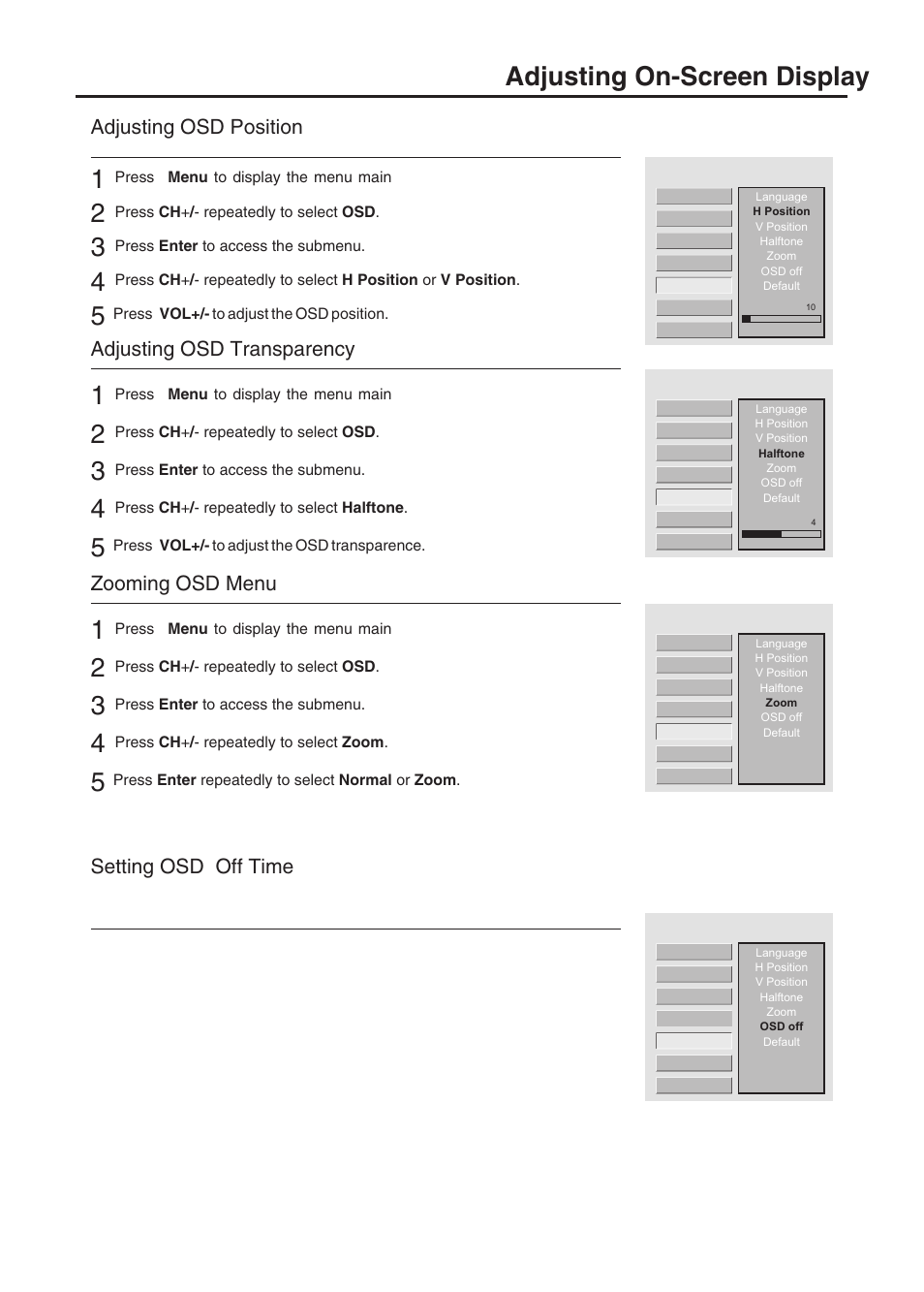 Adjusting on-screen display, Adjusting osd position, Adjusting osd transparency | Zooming osd menu, Setting osd off time | Sanyo AVL-408 User Manual | Page 31 / 44