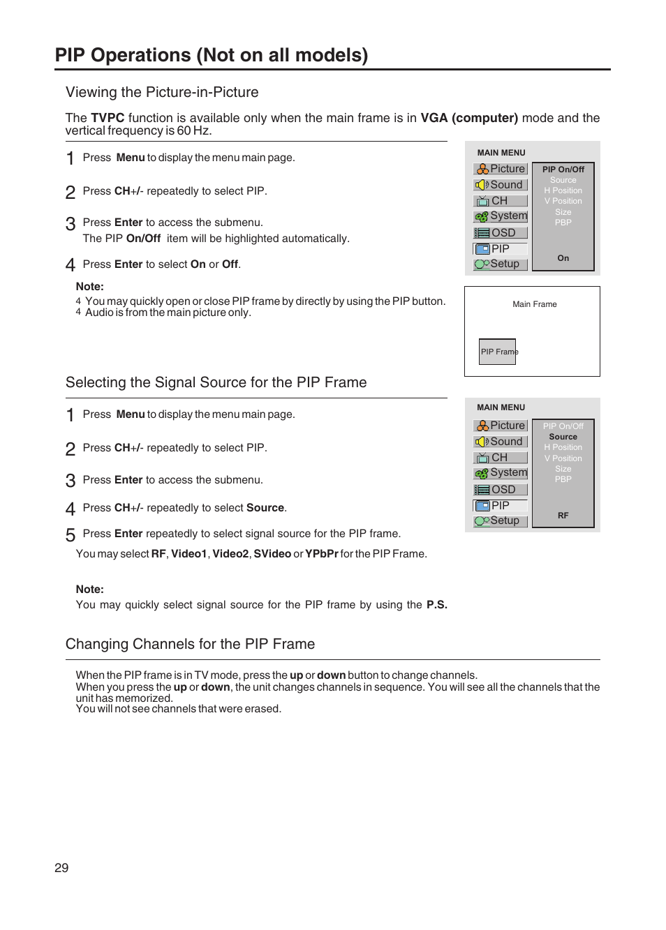 Pip operations (not on all models), Viewing the picture-in-picture, Selecting the signal source for the pip frame | Changing channels for the pip frame | Sanyo AVL-408 User Manual | Page 32 / 44