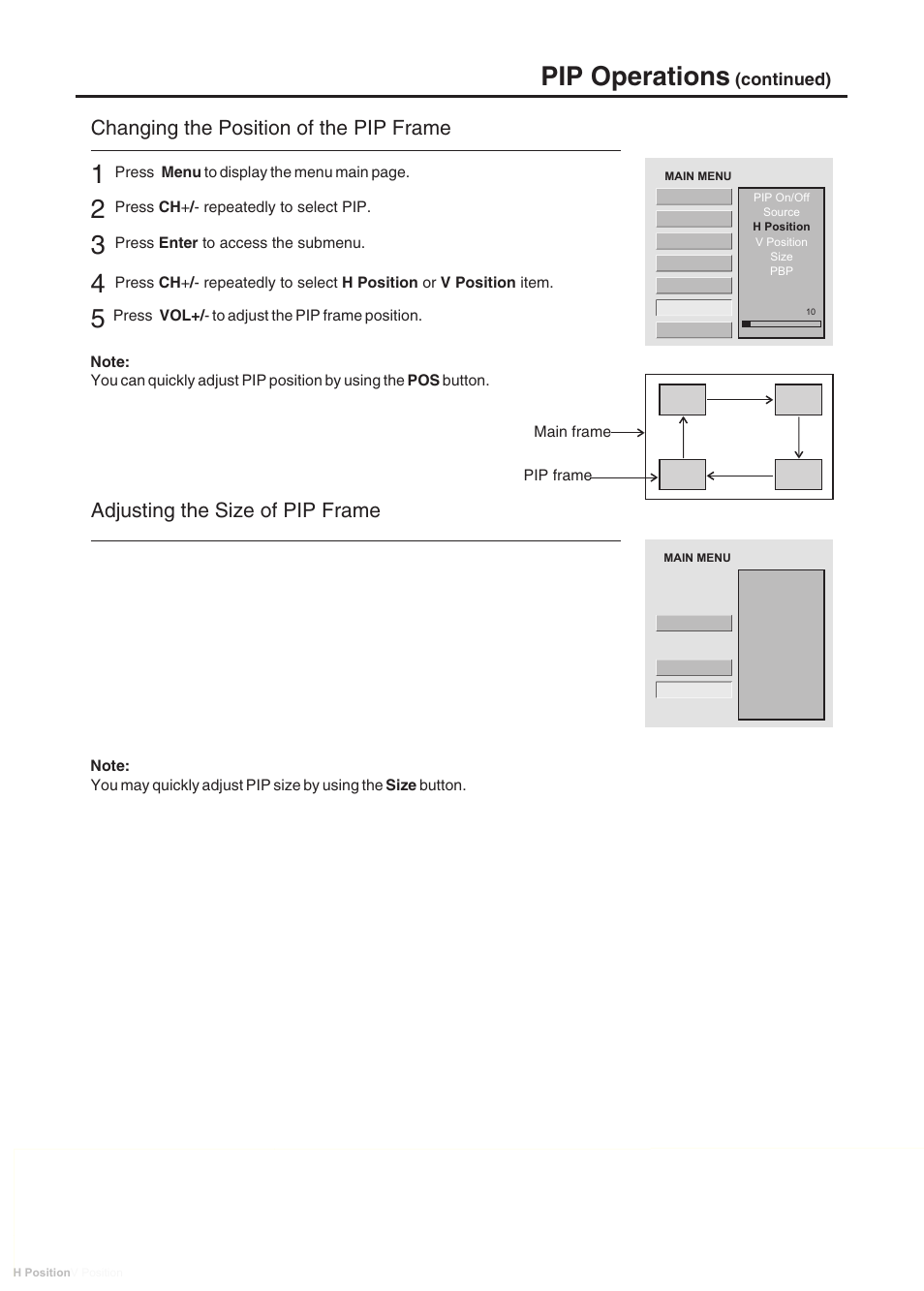 Pip operations, Changing the position of the pip frame, Adjusting the size of pip frame | Sanyo AVL-408 User Manual | Page 33 / 44