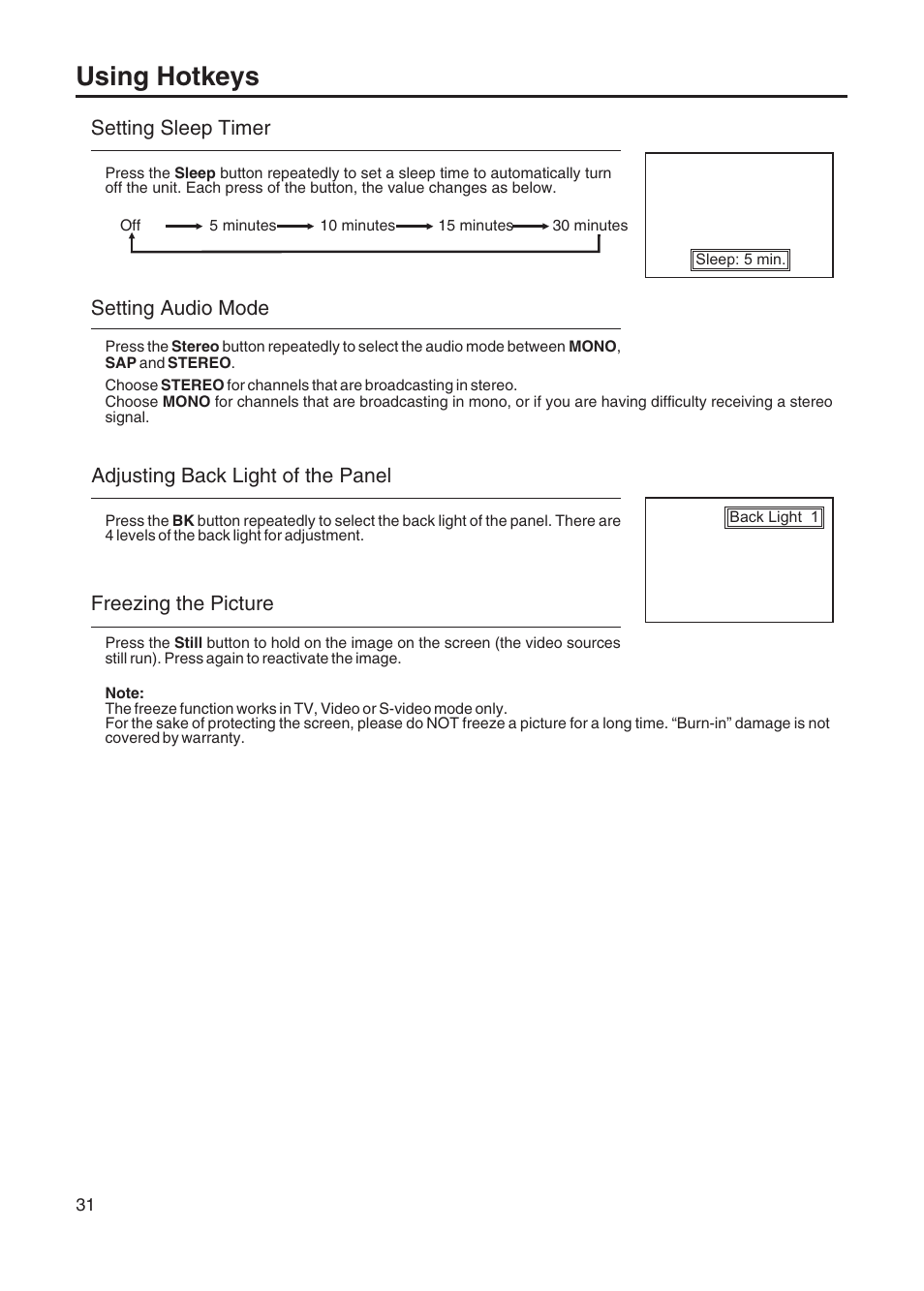 Using hotkeys, Setting audio mode | Sanyo AVL-408 User Manual | Page 34 / 44