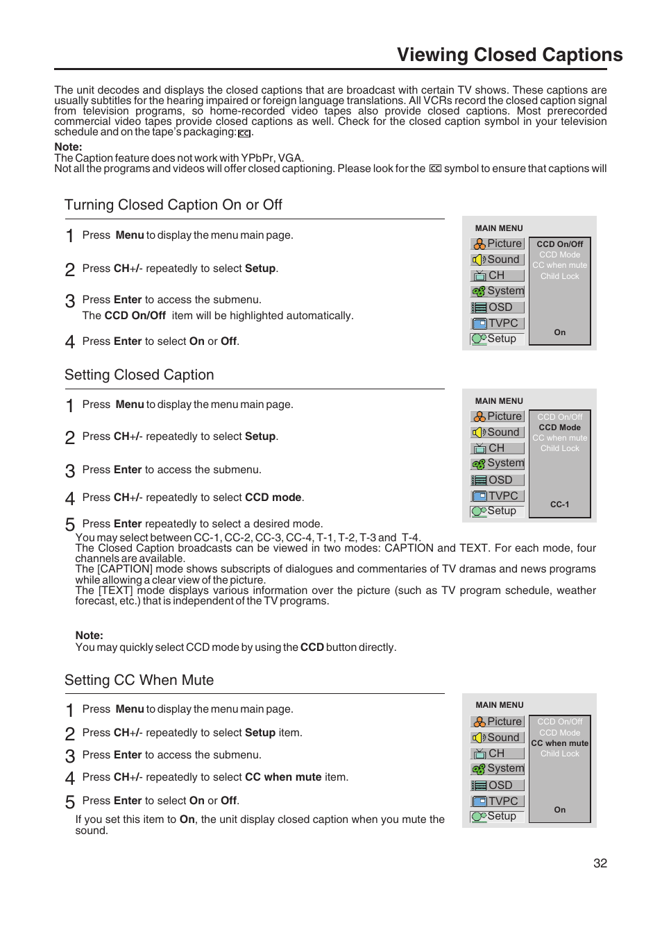 Viewing closed captions, Turning closed caption on or off, Setting closed caption | Setting cc when mute | Sanyo AVL-408 User Manual | Page 35 / 44