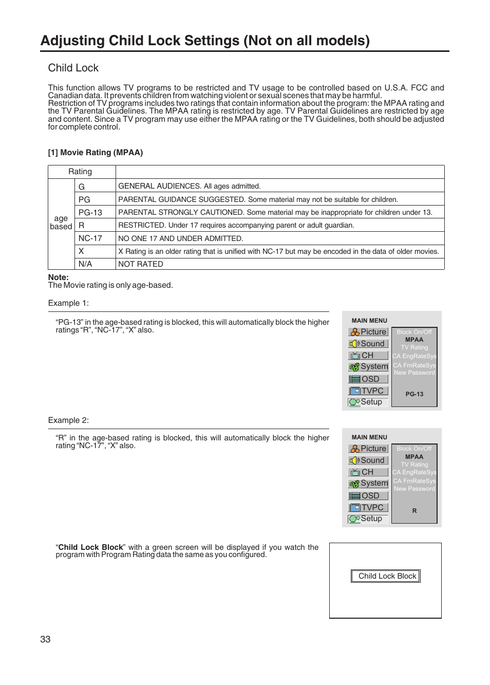 Adjusting child lock settings (not on all models), Child lock | Sanyo AVL-408 User Manual | Page 36 / 44