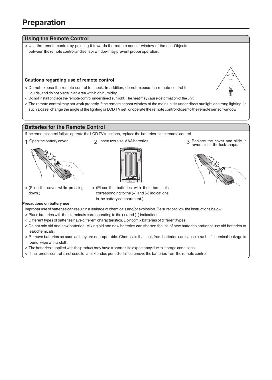 Preparation, Using the remote control, Batteries for the remote control | Sanyo AVL-408 User Manual | Page 8 / 44