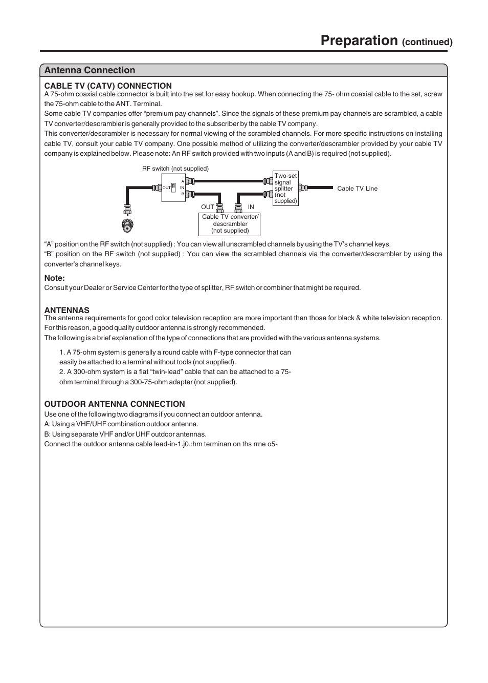 Preparation, Continued), Antenna connection | Sanyo AVL-408 User Manual | Page 9 / 44