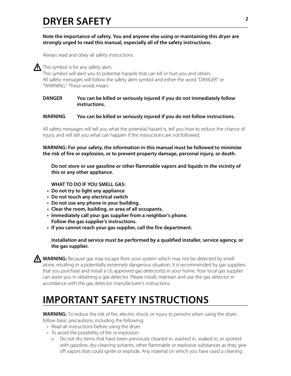 Dryer safety, Important safety instructions | Staber Industries HXD2304E User Manual | Page 2 / 8