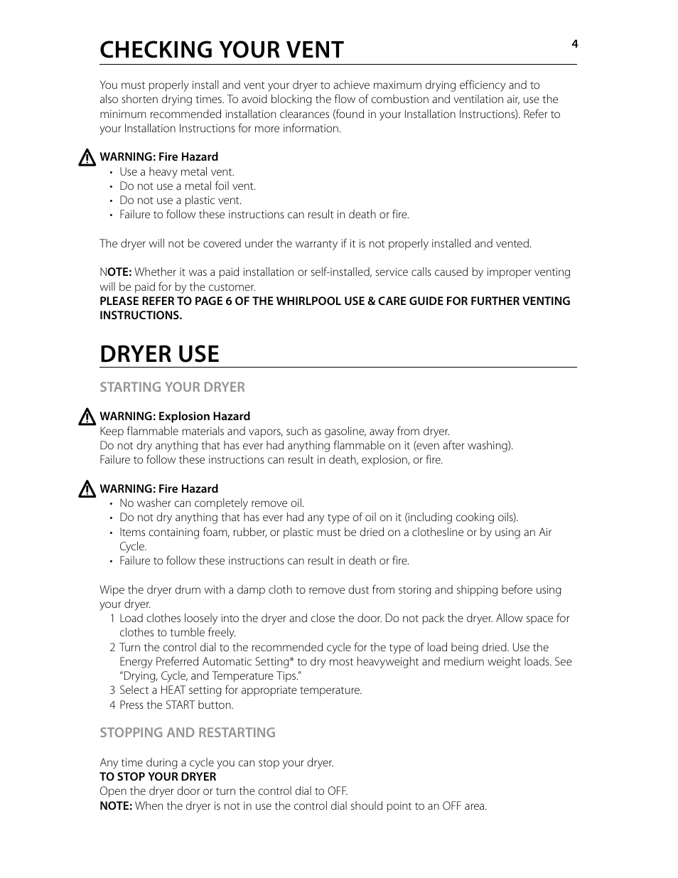 Checking your vent, Dryer use | Staber Industries HXD2304E User Manual | Page 4 / 8