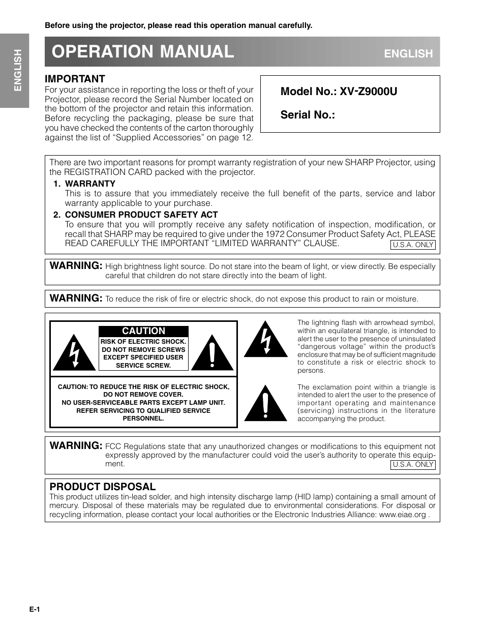 Sharpvision XV-Z9000U User Manual | 61 pages