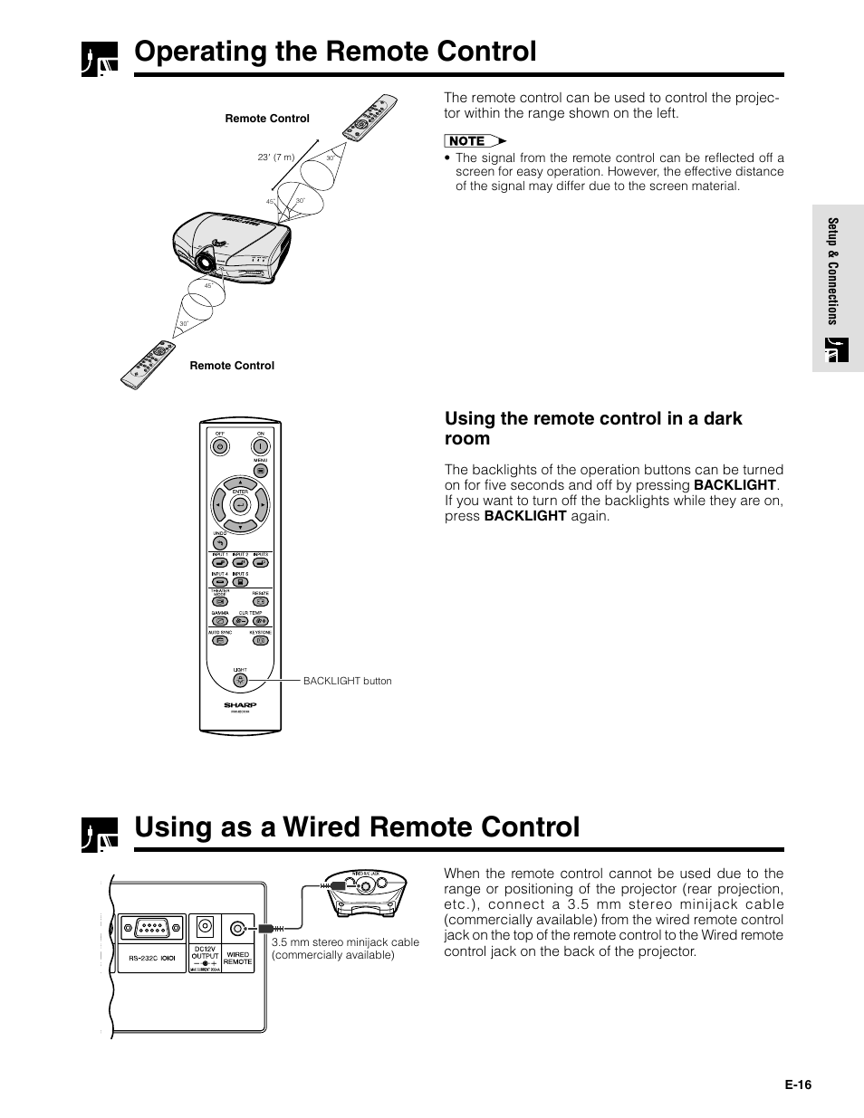 Operating the remote control, Using as a wired remote control, Using the remote control in a dark room | Sharpvision XV-Z9000U User Manual | Page 16 / 61