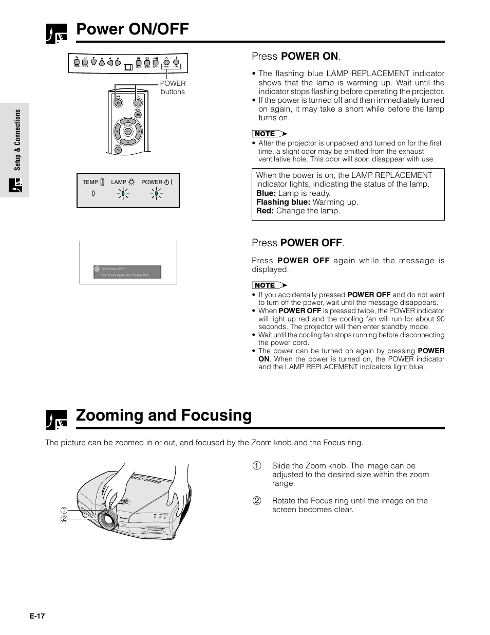 Power on/off, Zooming and focusing, Press power on | Press power off | Sharpvision XV-Z9000U User Manual | Page 17 / 61
