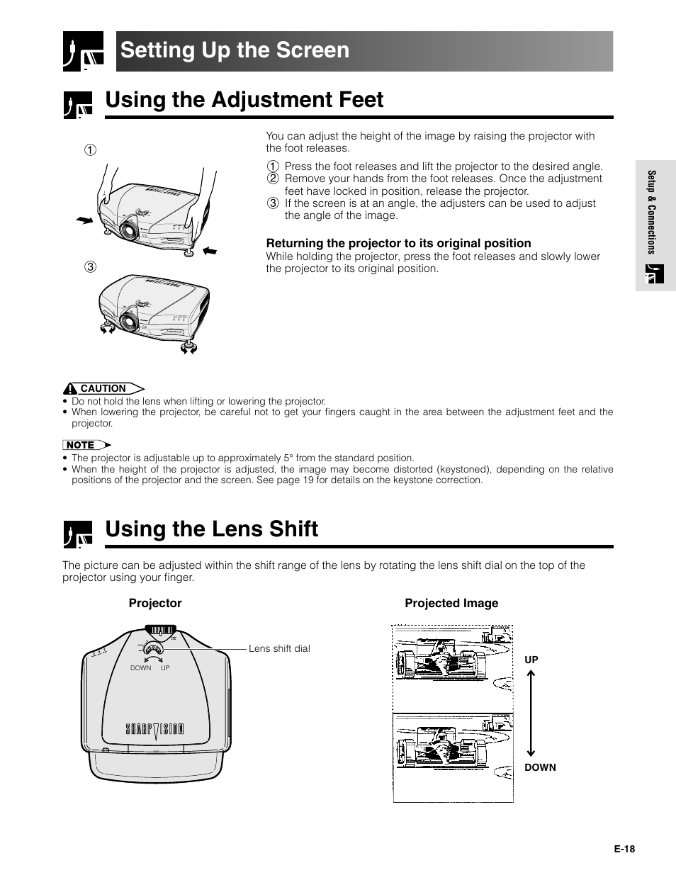 Using the adjustment feet setting up the screen, Using the lens shift | Sharpvision XV-Z9000U User Manual | Page 18 / 61