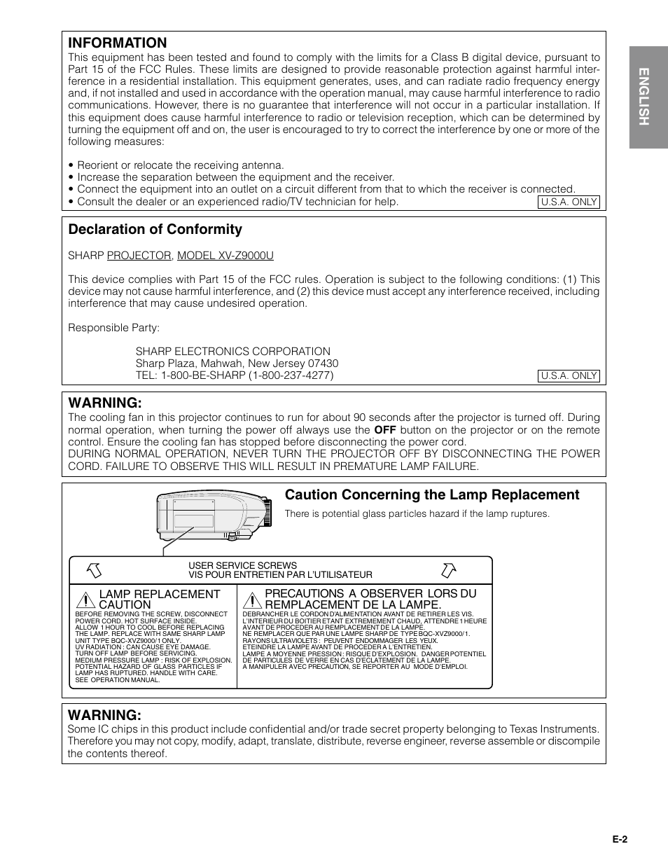Warning, Declaration of conformity, Information | Caution concerning the lamp replacement | Sharpvision XV-Z9000U User Manual | Page 2 / 61