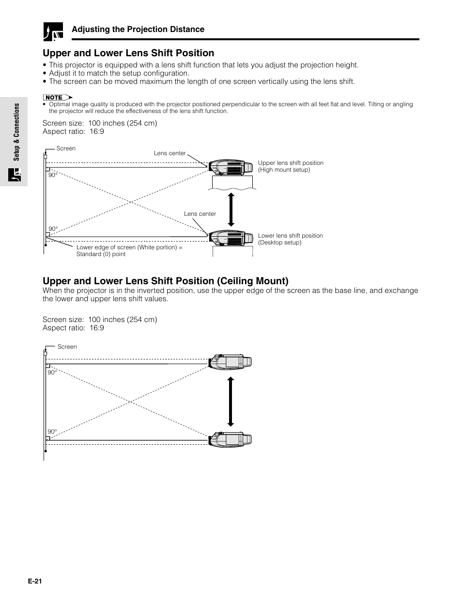 Upper and lower lens shift position, Adjusting the projection distance | Sharpvision XV-Z9000U User Manual | Page 21 / 61