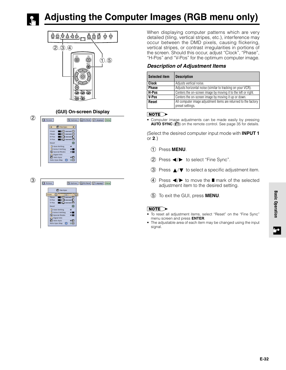 Adjusting the computer images (rgb menu only) | Sharpvision XV-Z9000U User Manual | Page 32 / 61