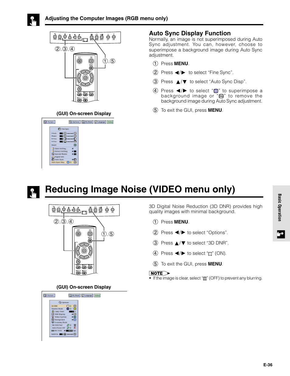 Reducing image noise (video menu only), Auto sync display function | Sharpvision XV-Z9000U User Manual | Page 36 / 61